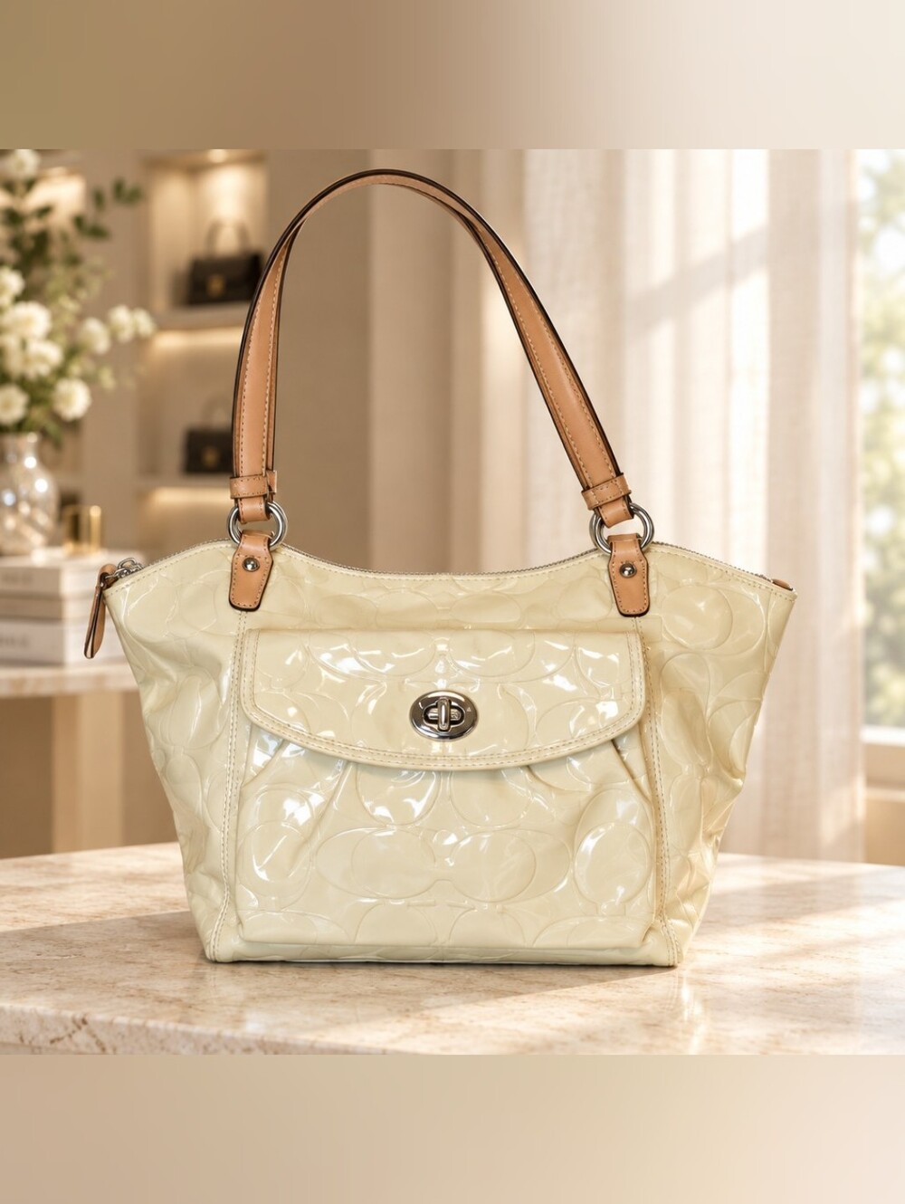 Coach Patent Leather Shoulder Tote in Cream
